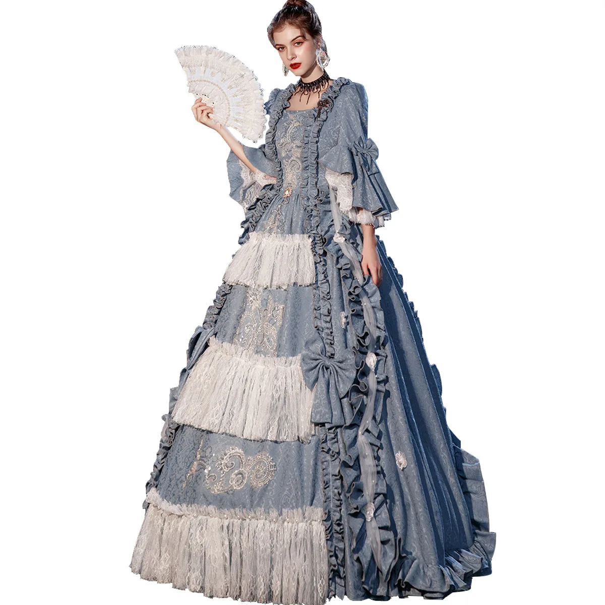

Vintage Ball Gown Royal Dress Women Blue Pattern Square Neck Robe Costume European Style Victorian Cosplay Party Dress