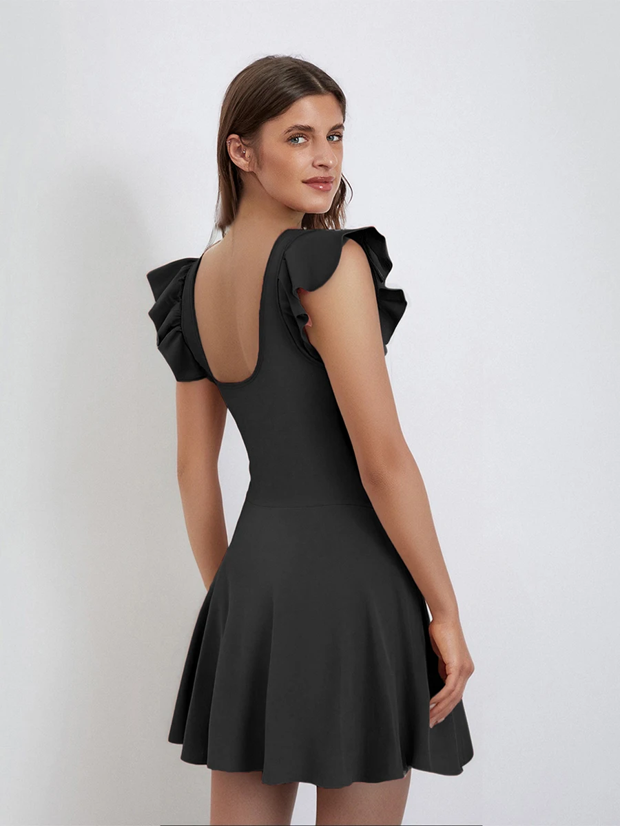Women Solid Color Swim Dress Slim U Neck Fly Sleeve Side Tie-up Backless Mini Swimsuit Dress Casual one_piece Swimwear for women 2