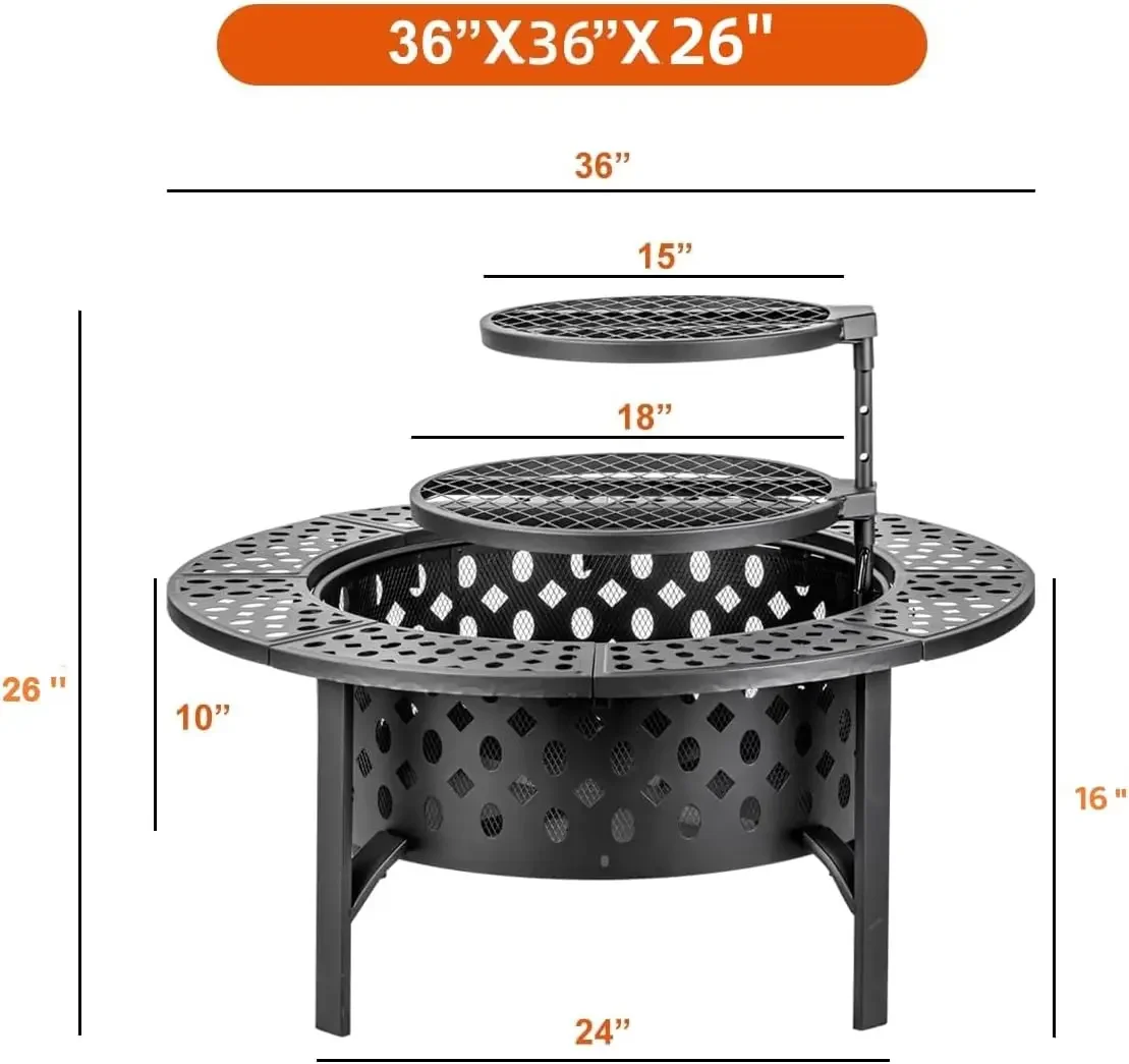 Fire Pit with 2 Grills, Wood Burning Fire Pits for Outside with Lid, Poker and Round Waterproof Cover, BBQ& Outdoor Firepit