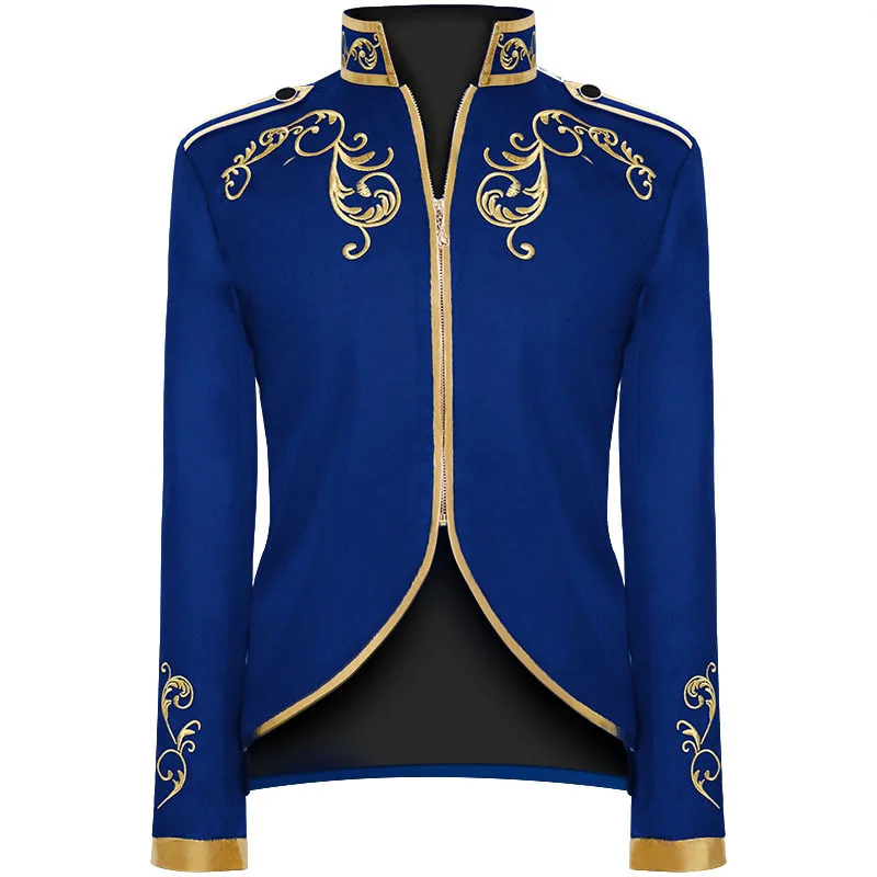 Chaqueta de traje medieval con bordado dorado, para Halloween, de rey y príncipe, para exteriores, color rojo, negro, azul y blanco