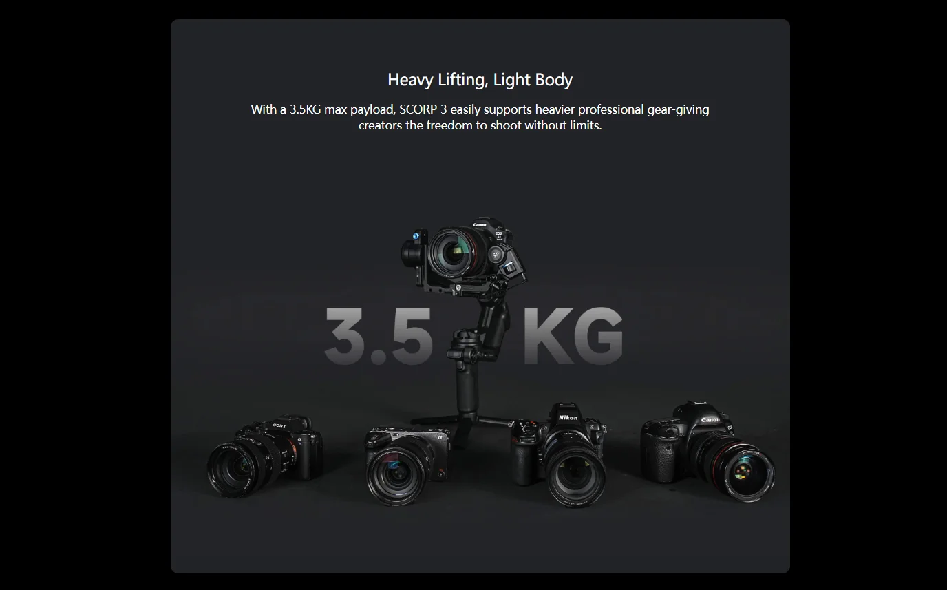 SCORP 3 3-Axis Gimbal Stabilizer | 7.7lb Load, Built-in AI Tracker & Touchscreen