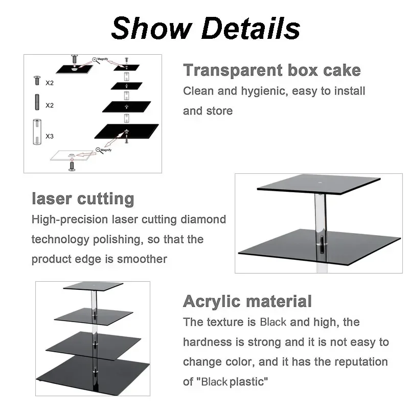4 Layer Black Acrylic Cake Stand For Display Birthday Wedding Party Decoration Square Jewelry Display Stand Cupcake Holder Plate
