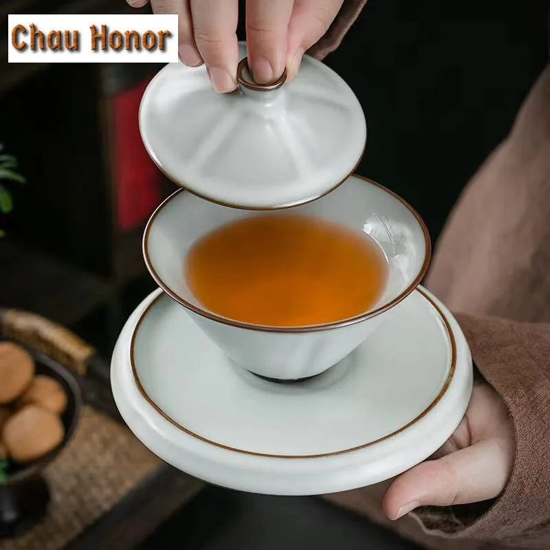 170ml Handmade Ru Kiln Porcelain Gaiwan Ice Cracking Glaze Tea Tureen Chinese Tea Making Cover Bowl Chinese Tea Set Ornaments