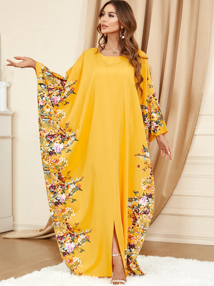 BNSQ 3422# Abaya For Womens Floral Print Bat Sleeve Slit Casual Loose Oversized Kaftan