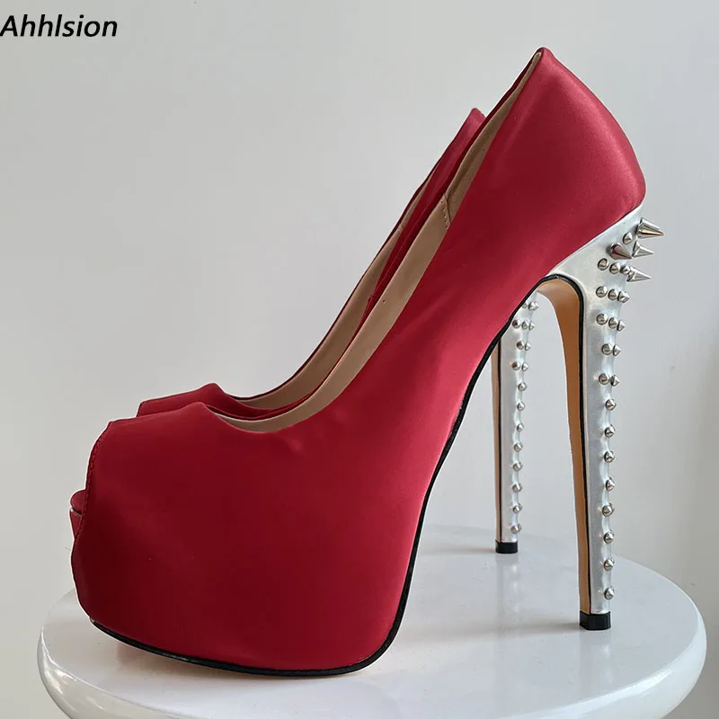 

Ahhlsion Handmade Women Platform Satin Pumps Sexy Stiletto Heel Peep Toe Pretty Wine Red Banquet Shoes Ladies US Size 5-20