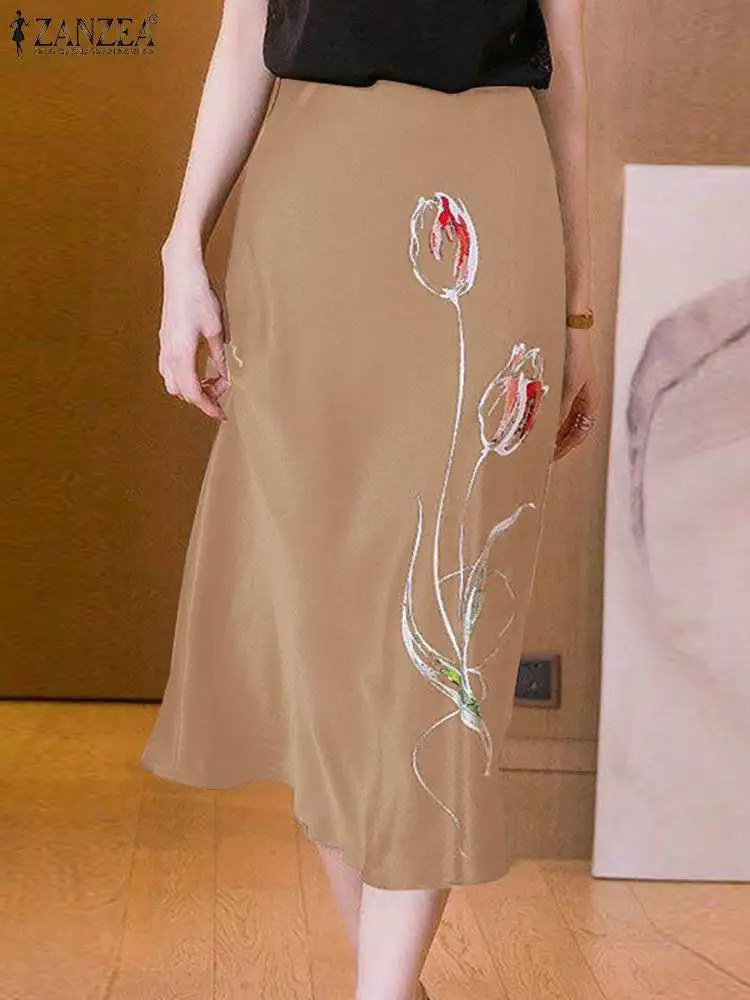 

ZANZEA Woman Elegant Party Robe Autumn Vintage Satin Skirts Fashion Floral Printed Maxi Skirt A Line Vestidos Jupe Faldas Saia