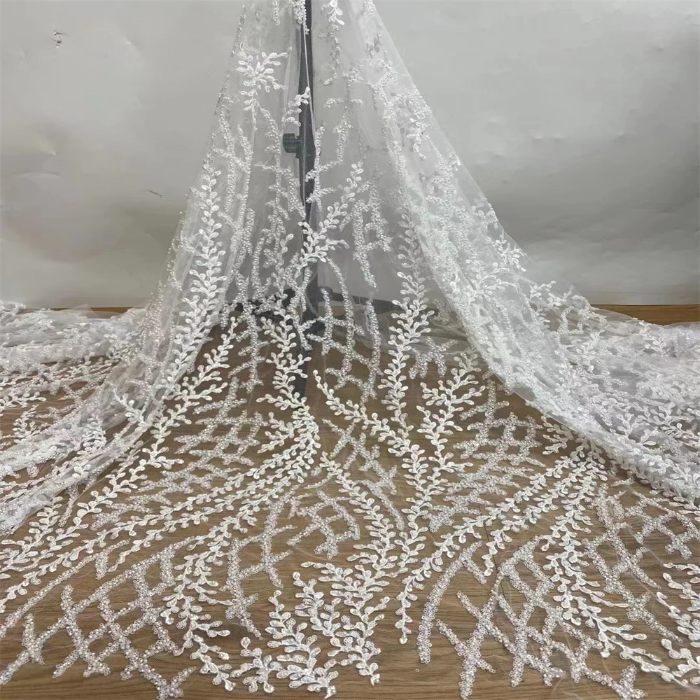African Handmade Beaded Lace Fabric 2023 High Quality Nigerian French Tulle Lace Fabric For Wedding Dress Sewing  JH