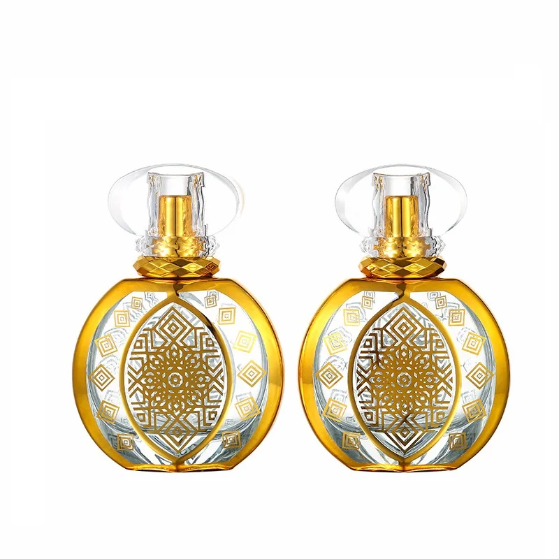 

5pcs Luxury Gold Glass Arabic Fragrance Refillable Bottles Atomizer Screw Pump Empty 50ml Flat Round Perfume Spray Mist Bottle