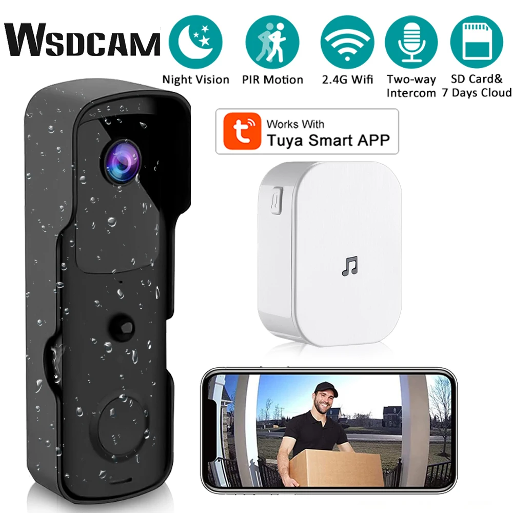 Draadloze Deurbelcamera, Slimme Videodeurbelcamera met Bel, Stemwisselaar, 2 -weg Audio, PIR-bewegingsdetectie, Nachtzicht, 4000 MAh Oplaadbare Binnencamera
