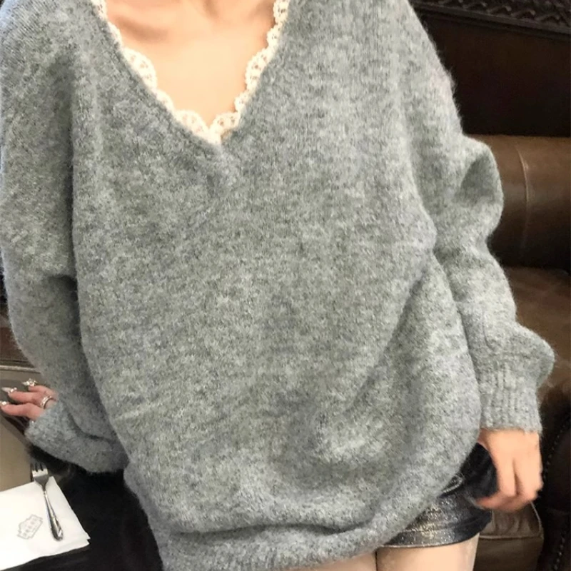 New Autumn and Winter Women's Clothing V-neck Lace Long-sleeved Sweater Elegant and Sexy Backless Big Bow Knitwear Loose Top