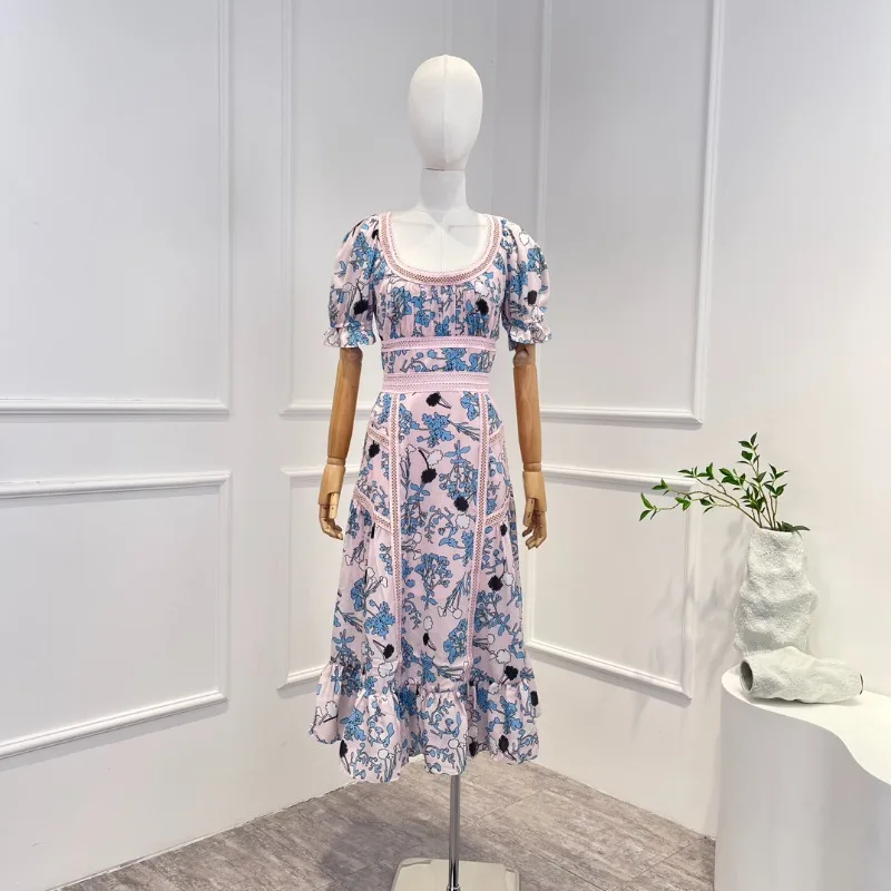 

Pink 2023 Vintage New Hollow Out Blue Floral Print Lace Short Sleeve Frill Woman Sweet Midi Dress