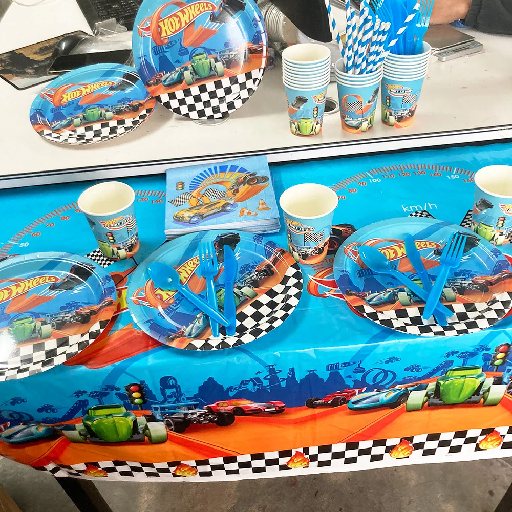 

Hot Wheels Racing Car Party Supplies Tableware Plates Napkins Wind Fire Wheels Paper Cup Flame Checkered Race Birthday Decoratio