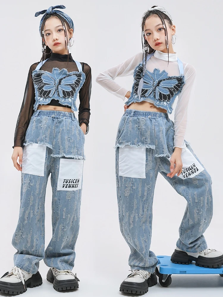 

Girls Fashion Butterfly Vest Denim Pants Jazz Dance Performance Costume Hip Hop Clothes Festival Stage Wear Kpop Outfits BL12523