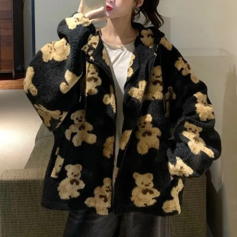 Women's Autumn Winter Fashion Elegant Print Hooded Zipper Pocket Casual Versatile Long Sleeve Loose Thickened Sweatshirts Coat