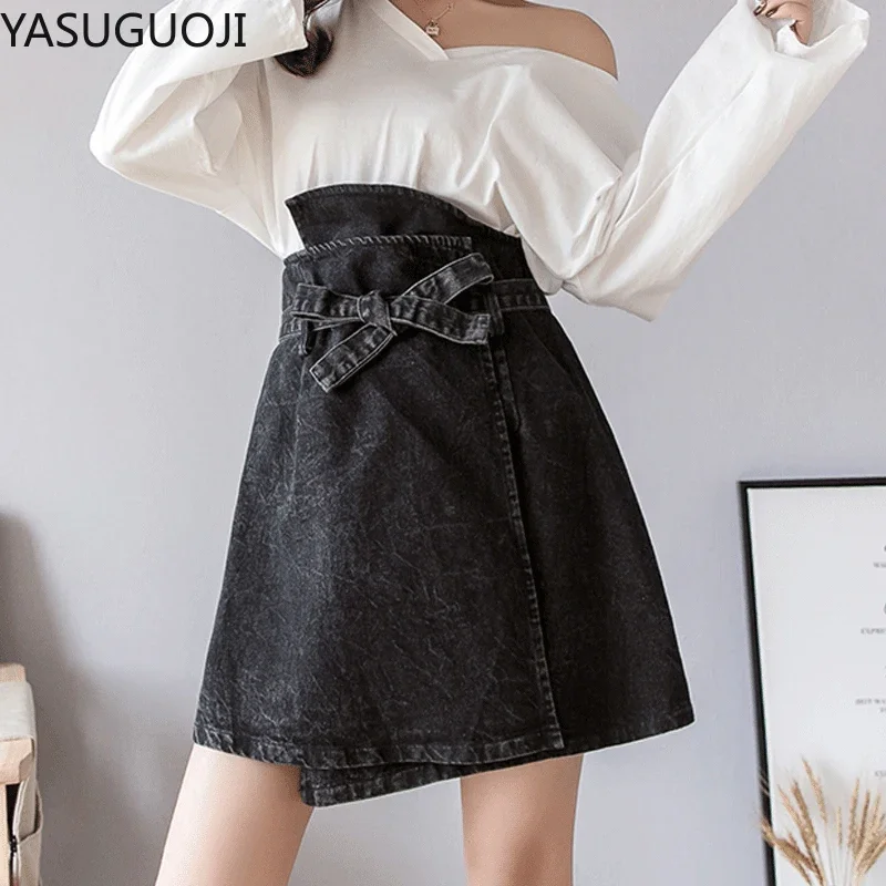 

Женская нестандартная джинсовая юбка, короткая джинсовая юбка в Корейском стиле на бедрах, джинсовая мини-юбка с высокой талией, ковбойская юбка с поясом