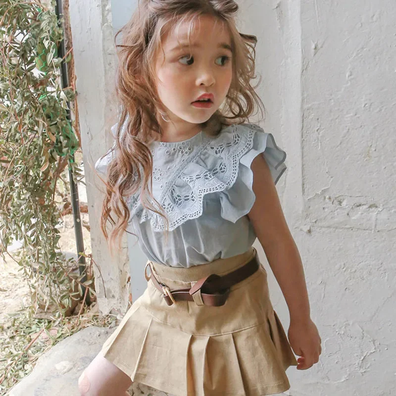 

Children Clothing Kids Simple Fashion All Match T Shirt Summer 2024 Korean Kids Kids Girls Lace V-neck Cotton T Shirt
