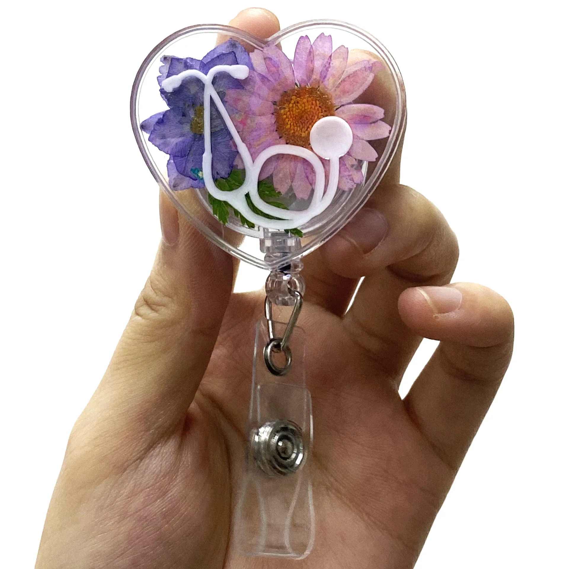 Colorful Dried Flower Resin Badge Clip Heart Teeth Shape Clear