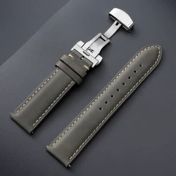 Premium Genuine Calfskin Leather Watchband with Butterfly Buckle Stitching - 22mm (Gray - Silver)