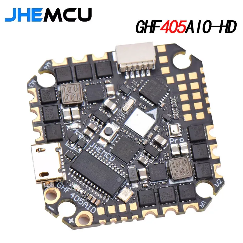Contrôleur de vol JHEMCU GHF405AIO-HD 40A AIO pour drone FPV micro, incliné pour montrer les ports USB et entrée batterie