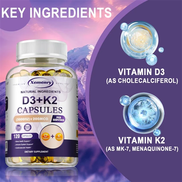 Vitamin D3 5000IU and 200 Mcg Vitamin K2 (MK-7) Capsules for Calcium Absorption, Bone Regeneration, Immune Support, Easy To Melt 3