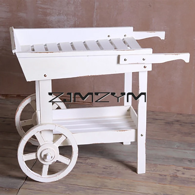 Solid Wood Flower Stand Storage Racks Float Flower Rack Shop Decoration Display Rack Multi-Functional Retro Cart