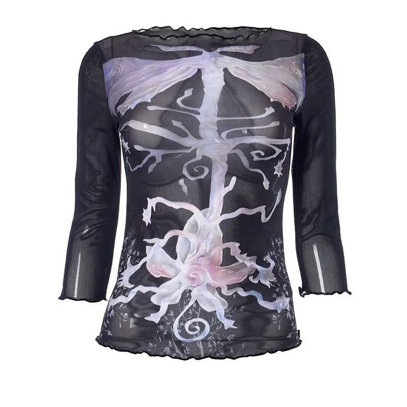 Abstract Print Graphic T Shirts For Women Clothes Y2k Accessories Mesh See Through Ropa De Mujer Bodycon Crop Top Quarter Sleeve