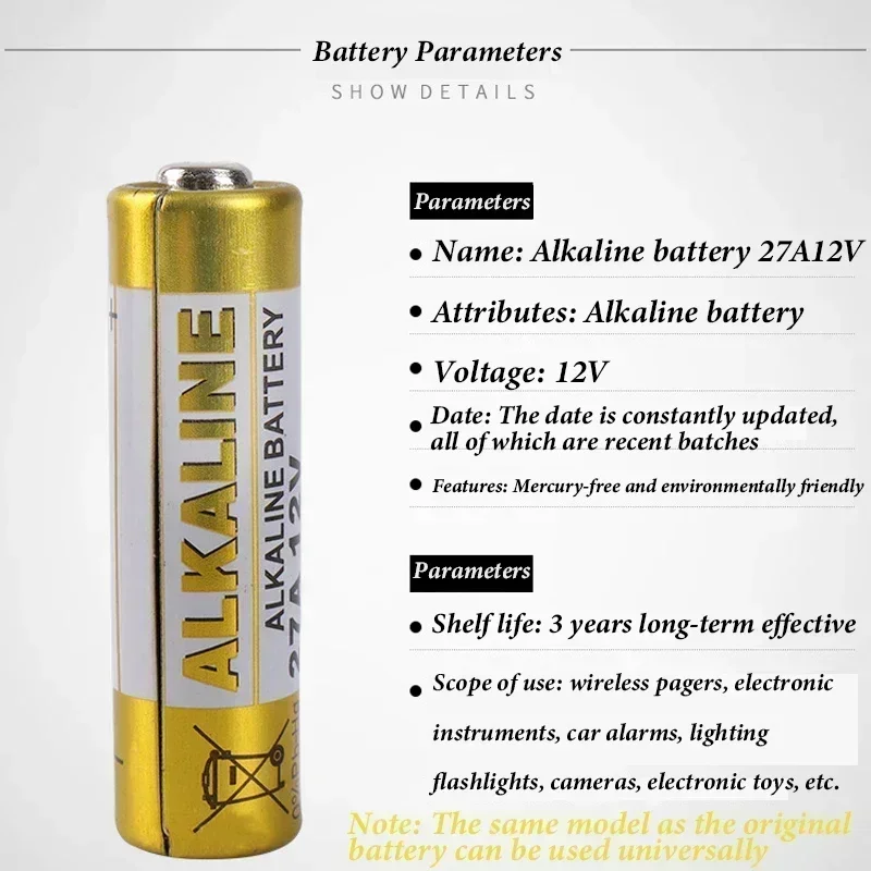 20PCS 12V A27 27A G27A MN27 MS27 L828 Alkaline Battery V27GA ALK27A A27BP K27A Dry Battery Toy Doorbell Alarm Remote Control