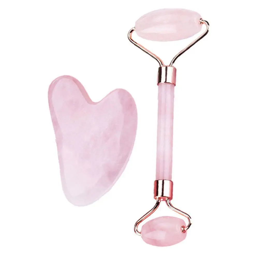 

2pcs/Set Kamien Gua Sha Stone For Face Massage Rose Quartz Jade Stone Face Massage Roller Gua Sha Scraper Board Face