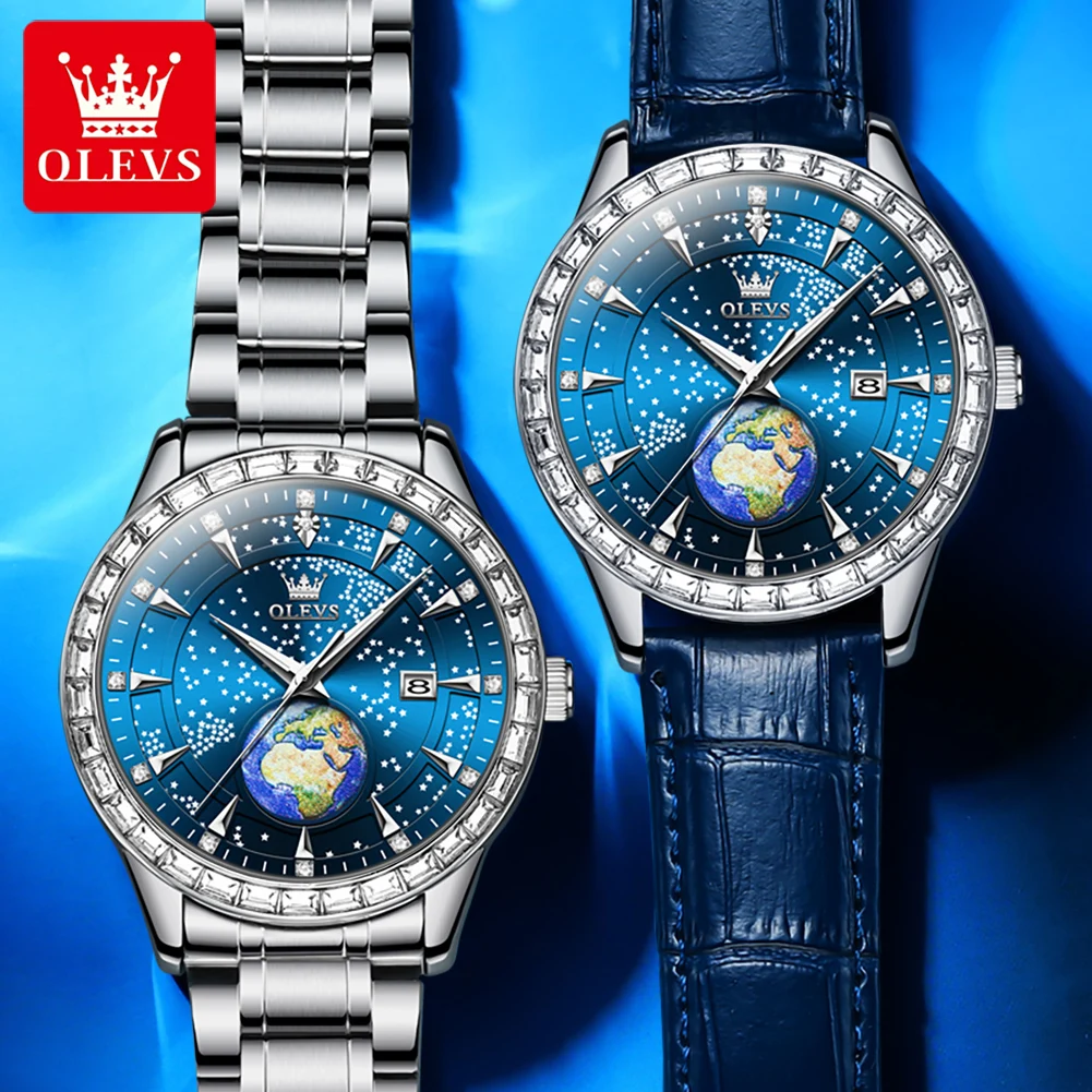 OLEVS Mens Watches Top Brand Luxury Starry Sky Earth Design Quartz Watch For Men Fashion Stainless Steel Date Blue Wristwatch