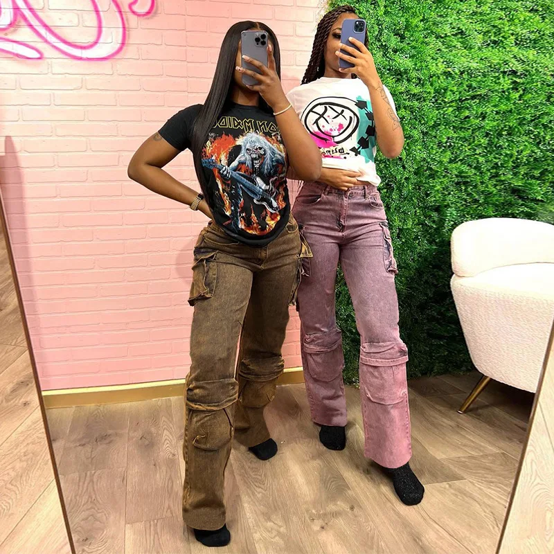

2023 New Women Pure Color Wide Leg Jeans Boyfriend Loose Trousers Streetwear Side Pocket Vintage Y2k Streetwear Pants