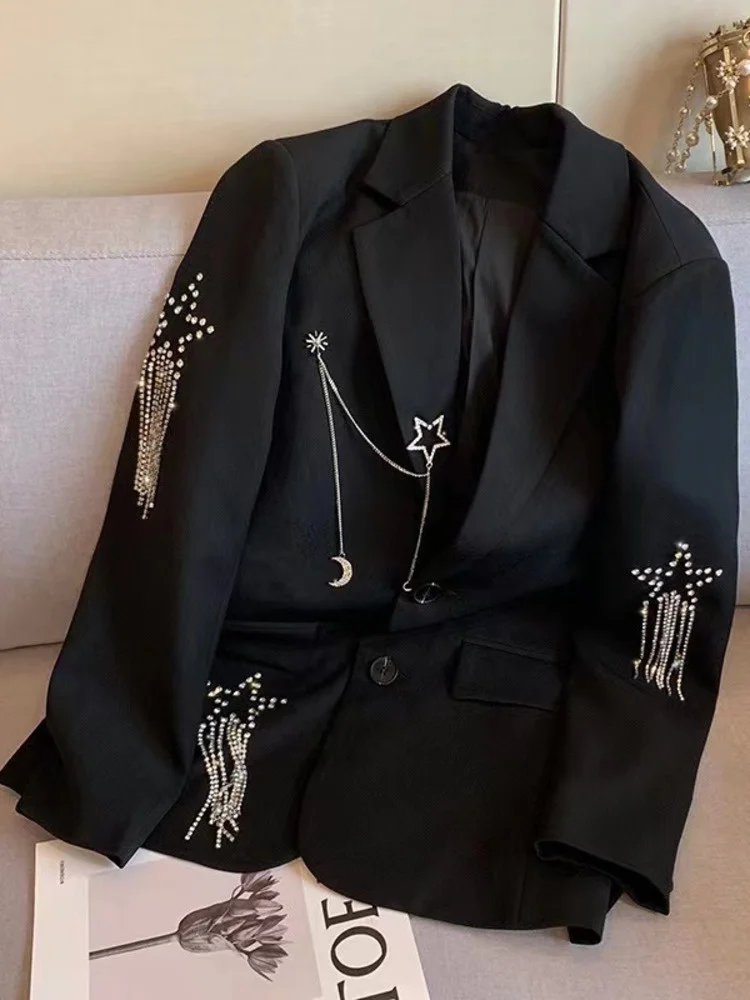 UCXQ Elegant Diamond Sequin Star Tassel Spliced Blazer Jacket For Women 2023 Autumn New Temperament Long Sleeve Female Suit Coat