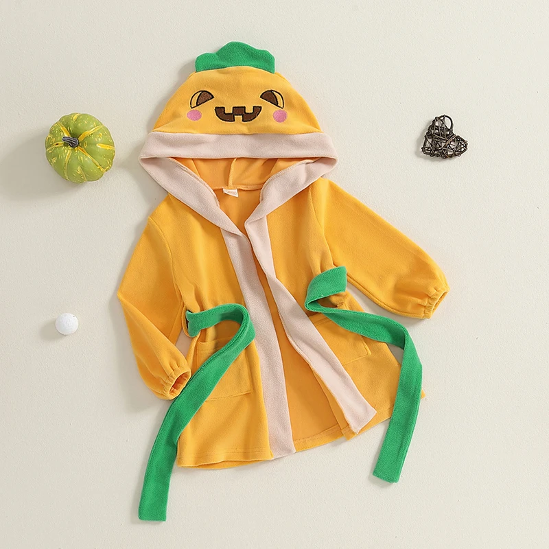 Suefunskry Kids Boy Girl Halloween Bathrobe with Belt Cartoon Pumpkin/Chick Print Plush Long Sleeve Hooded Robe for Fall Winter