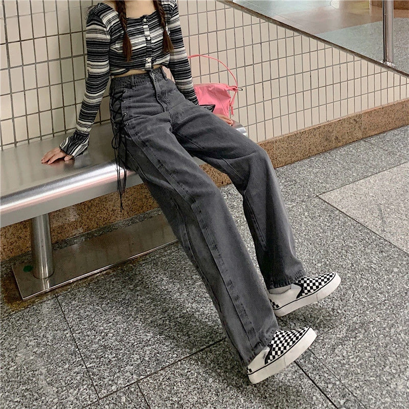 여성용 청바지 밴디지 디자인, 한국 패션, 루즈핏 스트리트웨어, 올매치 하이웨이스트 용수철, 시크한 데일리 얼짱, 아늑한
