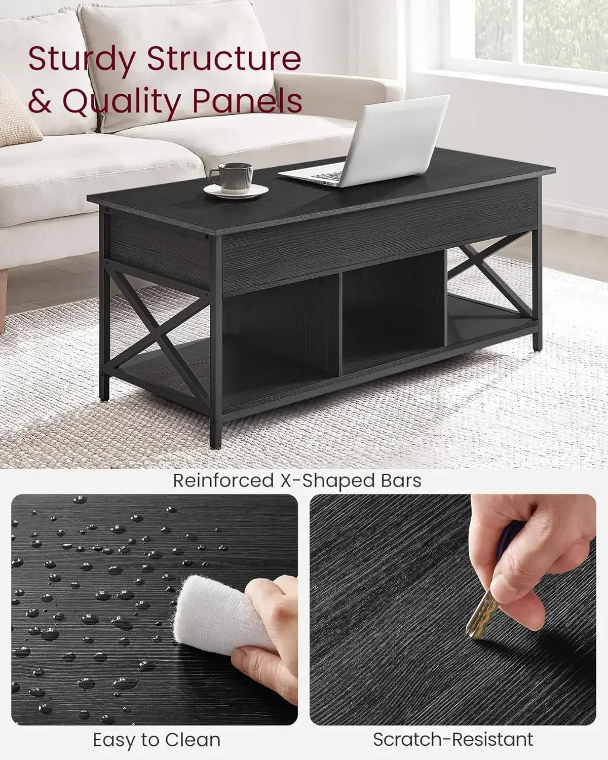 Lift Top Coffee Table, Lift Coffee Table with Storage Shelf for Living Room, OfficeBlack with Wood Grain 5