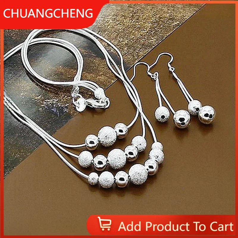 

CHUANGCHENG 925 Sterling Silver Triple Line Bean Ball Style Pendant Necklaces Earrings for Women Jewelry Set