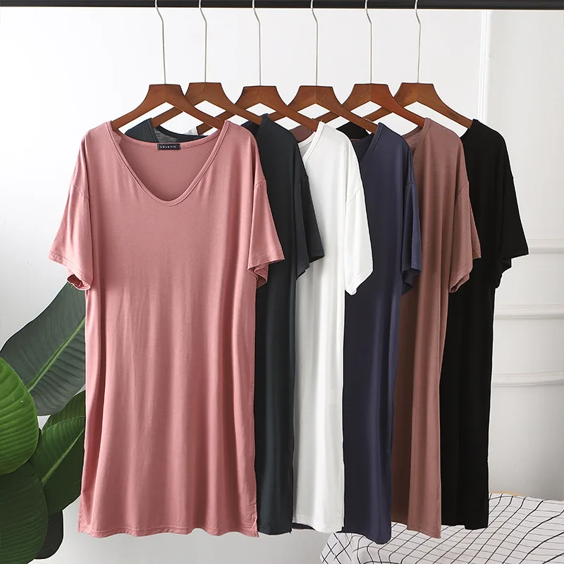

Modal casual Loose V-neck Dress summer women's side slit dresses Mid-Length sleepdress korea style Tshirt-dress solid color