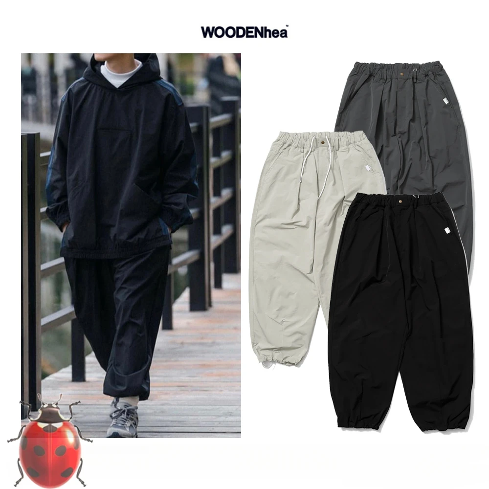 Waterproof WOODENhea Sports Wide Leg Pants Solid Color Trousers Men Women Loose Casual Pants Cuffs Drawstring Adjustable Japan