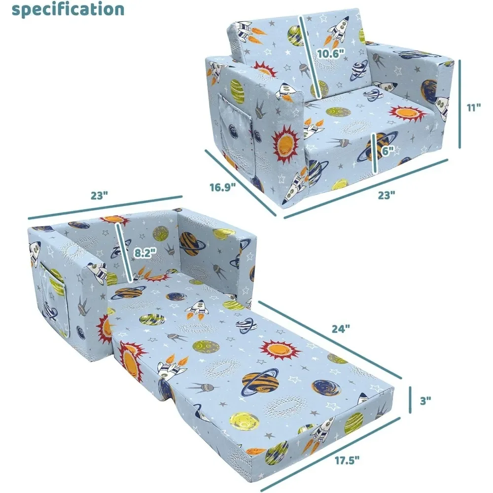 Kids Sofa Couch,Toddler Children 2-in-1 Convertible Sofa to Lounger, Comfy Flip-Out Couch/Sleeper, Rocket Outer Space Chair 2