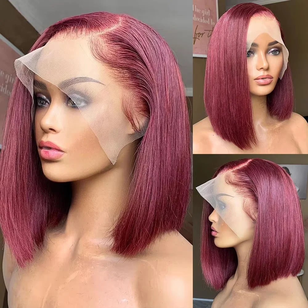 99J Burgundy Human Hair Wig Bob13x4 Straight Lace Frontal 220% Density Human Hair Brazilian Short Bob Wigs For Women Lace Front
