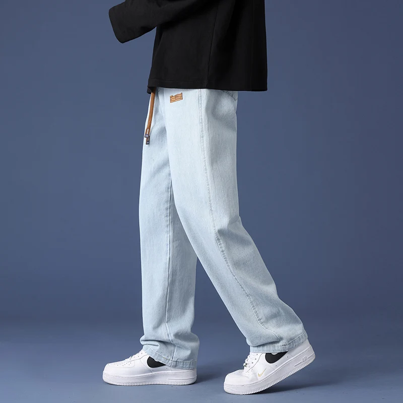 New Spring and Autumn Men's 2024 Spliced Elastic Waist Drawstring Pocket Fashion Solid Color Loose Straight Leg Casual Jeans
