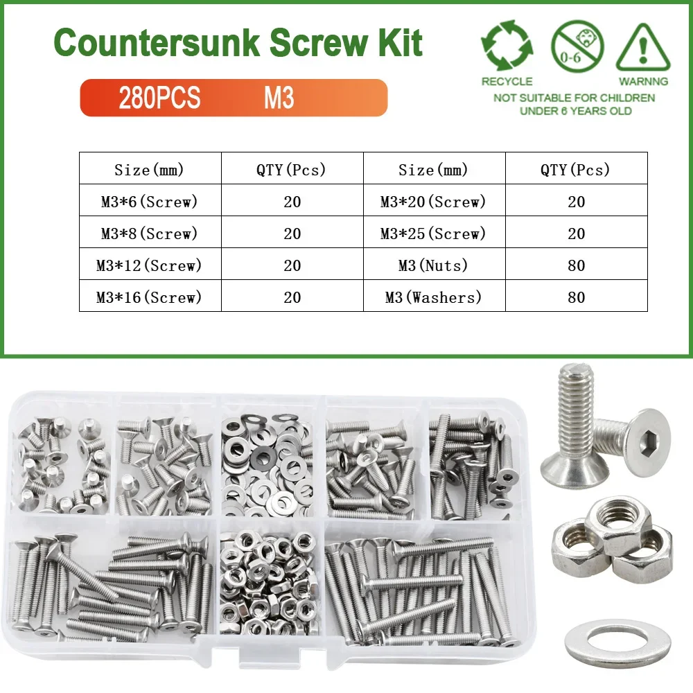 HH FASTENERS M2 X 5mm Flat/Countersunk Head Socket Screws, Pack 100-Piece, Stainless Steel, Full Thread, Right Hand, Metric