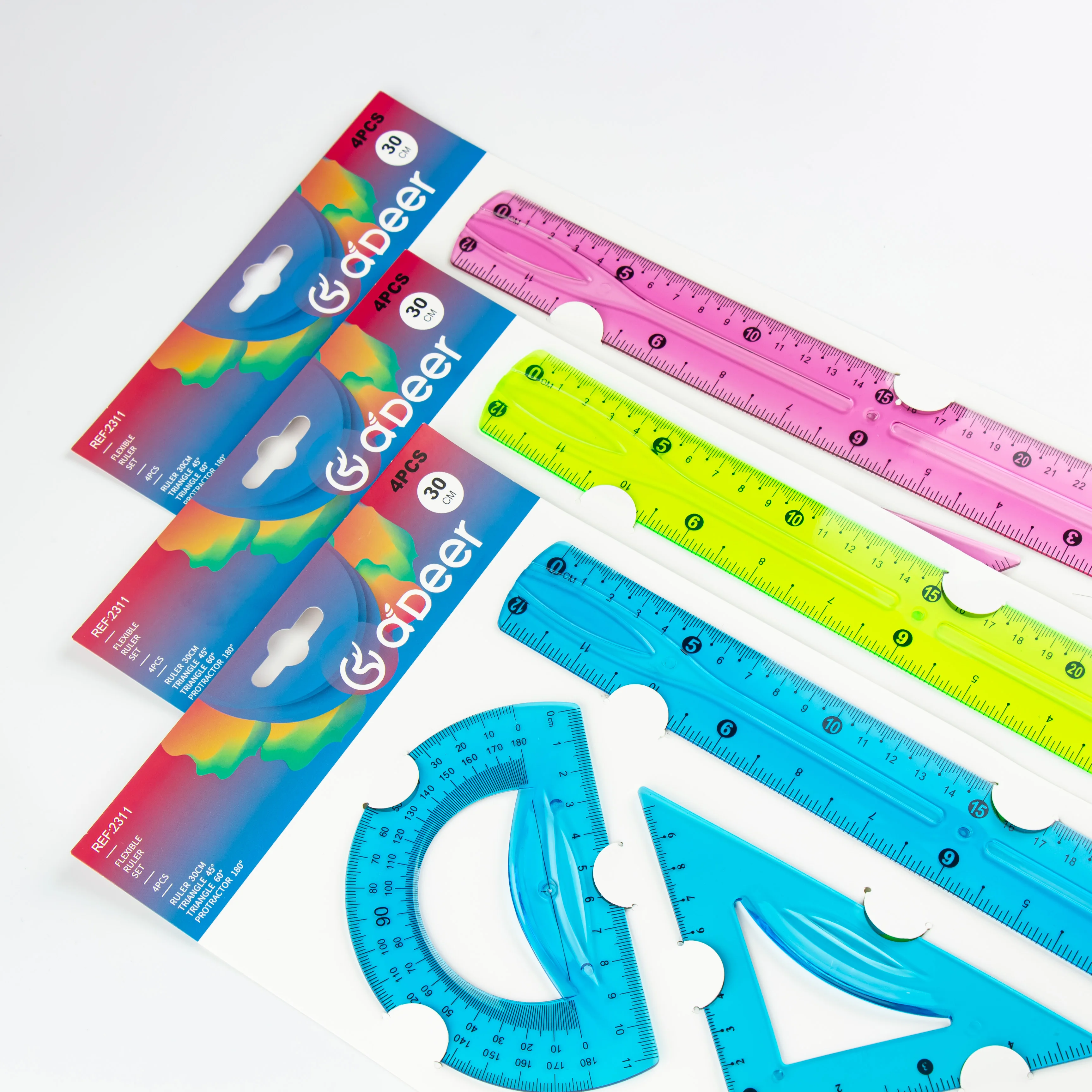 30cm 투명 소프트 자 세트 - 4개, 삼각형과 각도기 포함, 다양한 색상, 측정 및 그림 그리기에 이상적