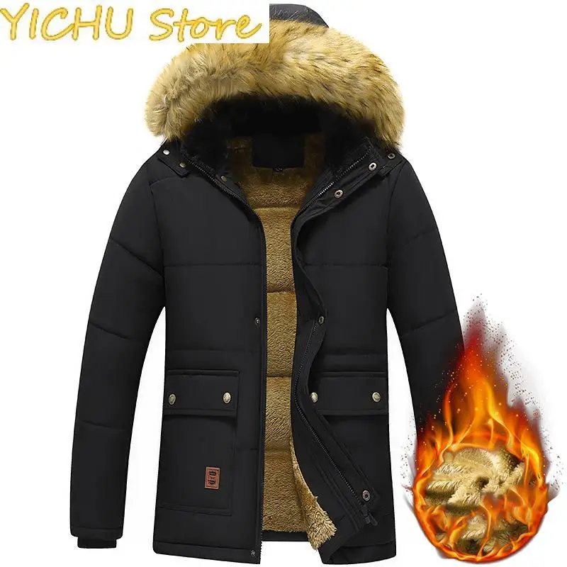 

2023 New Men Winter Parka Fleece Lined Thick Warm Hooded Fur Collar Coat Male Size 5XL Plush Jacket Autumn Work Outwearing Black