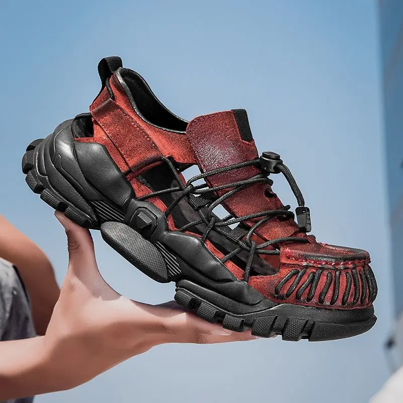 Fashion genuine leather hollow-out platform dad men's sandals elastic band breathable thick-heel ugly fisherman sneakers