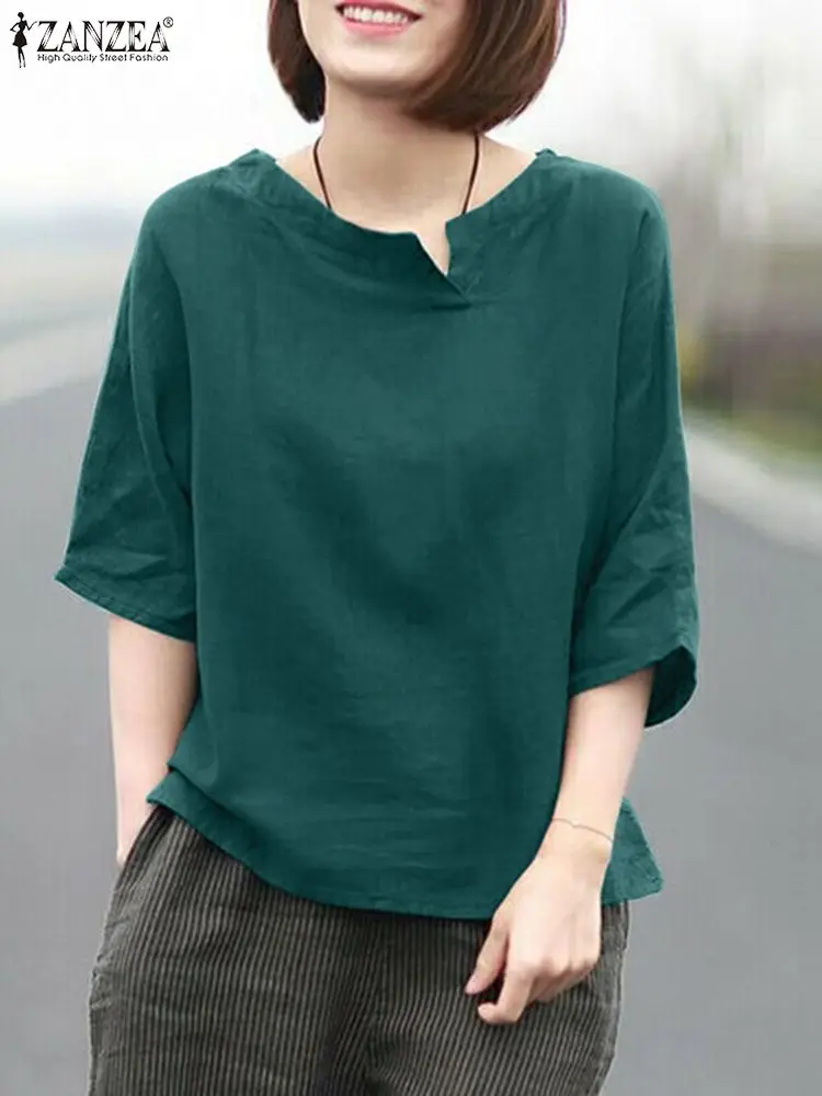 

2023 ZANZEA Summer Cotton Women's Blouse Fashion 3/4 Sleeve Tops Femme Casual Loose Chemise Woman Vintage O-Neck Shirt Oversized