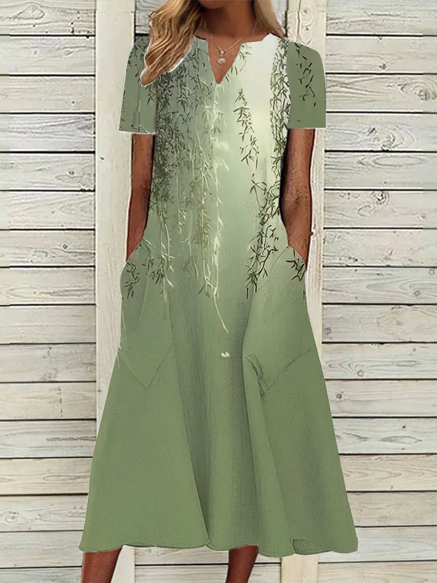 

Women's Casual Floral Printed Party Dress Summer Vintage Short-Sleeved V-Neck Female Pocket Jumpsuit Long Skirt