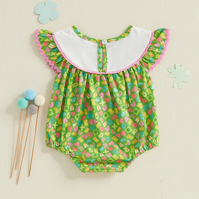 Newborn Infant Baby Girl Bubble Romper Lucky Charm Ruffle Sleeveless Cartoon Smocked Jumpsuit My First St Patricks Day Outfit 3