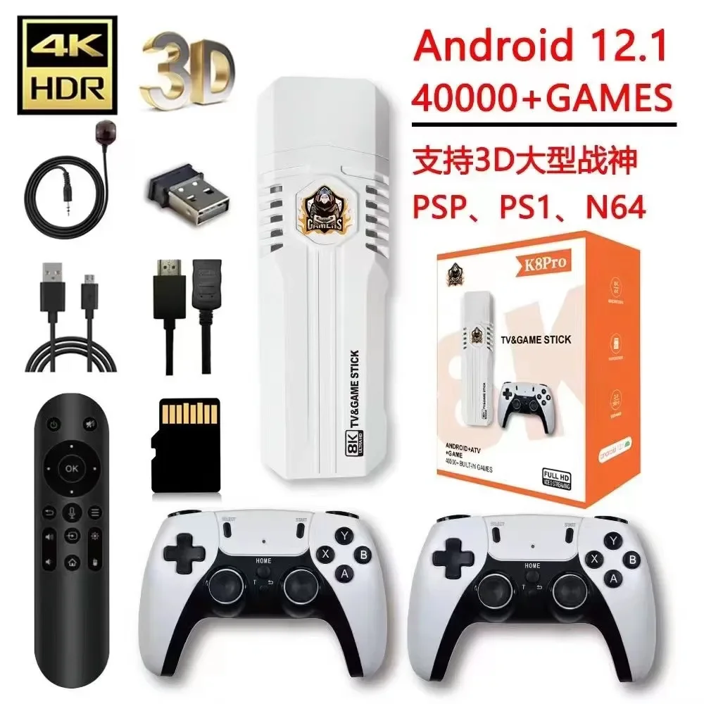 Mini K8 Pro Retro 8K Hd Tv Video Classic Game Stick Dual System Wifi Android12.1 Atv 3D 40000 + Console Di Gioco Wireless 2.4G