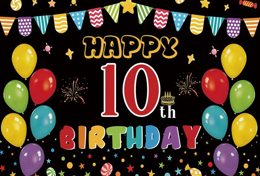 Sfondo Per Festa Di 10° Compleanno Ragazzo – Nero E Oro 1,2x1,8m – Decorazione Completa Con Corde Incluse