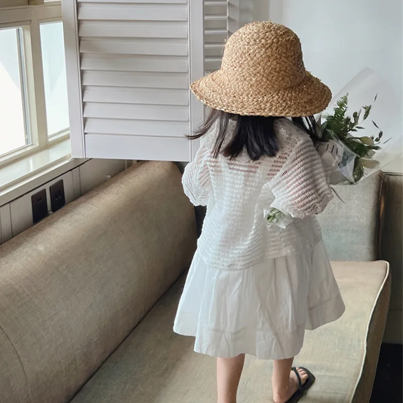 Deer Jonmi 여아용 레이스 할로우 아웃 블라우스, 공주 가디건 코트, 퍼프 소매 셔츠, 한국 스타일, 2023 여름